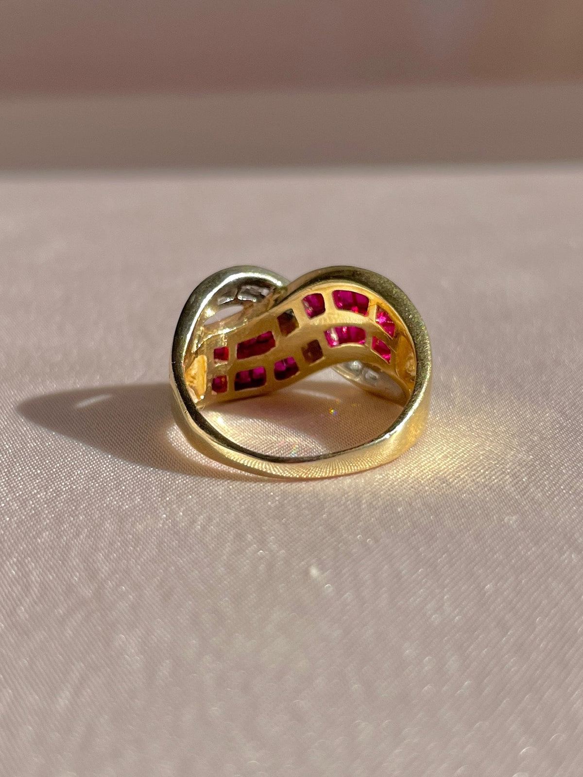 Vintage 14k Diamond Ruby Baguette Wave Ring