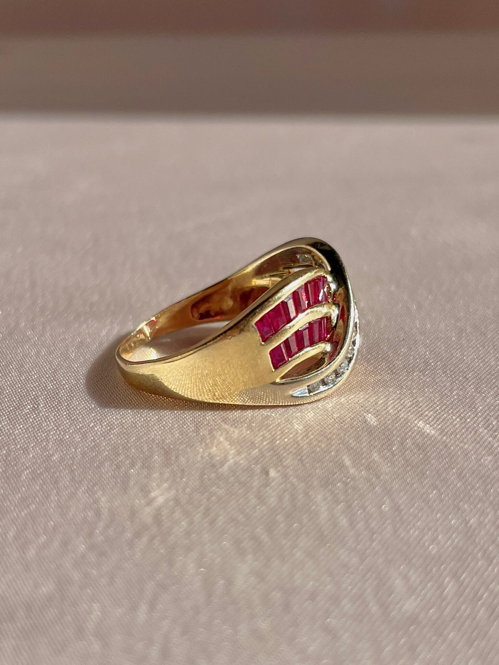 Vintage 14k Diamond Ruby Baguette Wave Ring