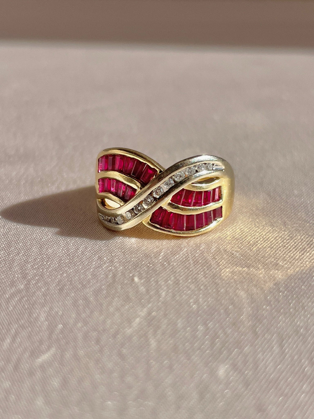 Vintage 14k Diamond Ruby Baguette Wave Ring