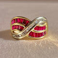 Vintage 14k Diamond Ruby Baguette Wave Ring