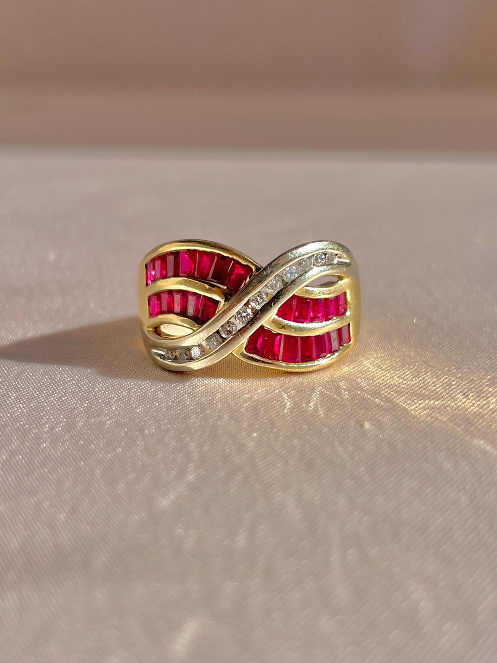 Vintage 14k Diamond Ruby Baguette Wave Ring