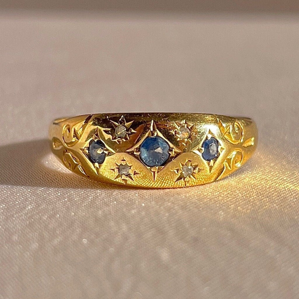 Antique 18k Sapphire Diamond Multi Starburst Filigree Ring