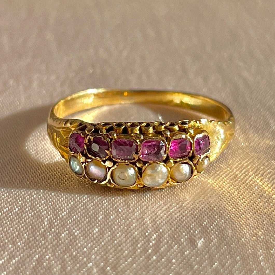 Antique 15k Cushion Ruby Pearl Victorian Ring