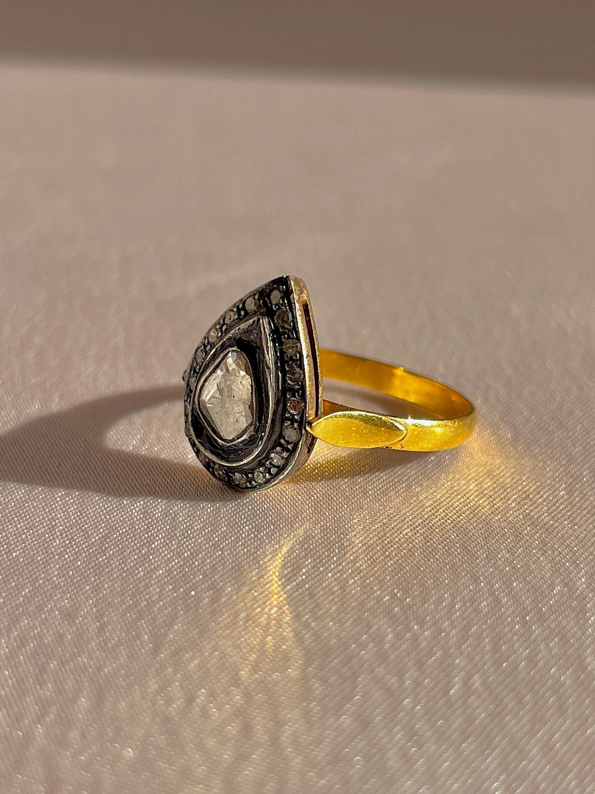 Antique 18k Polki Diamond Silver Pear Ring