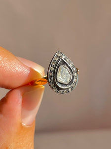 Antique 18k Polki Diamond Silver Pear Ring