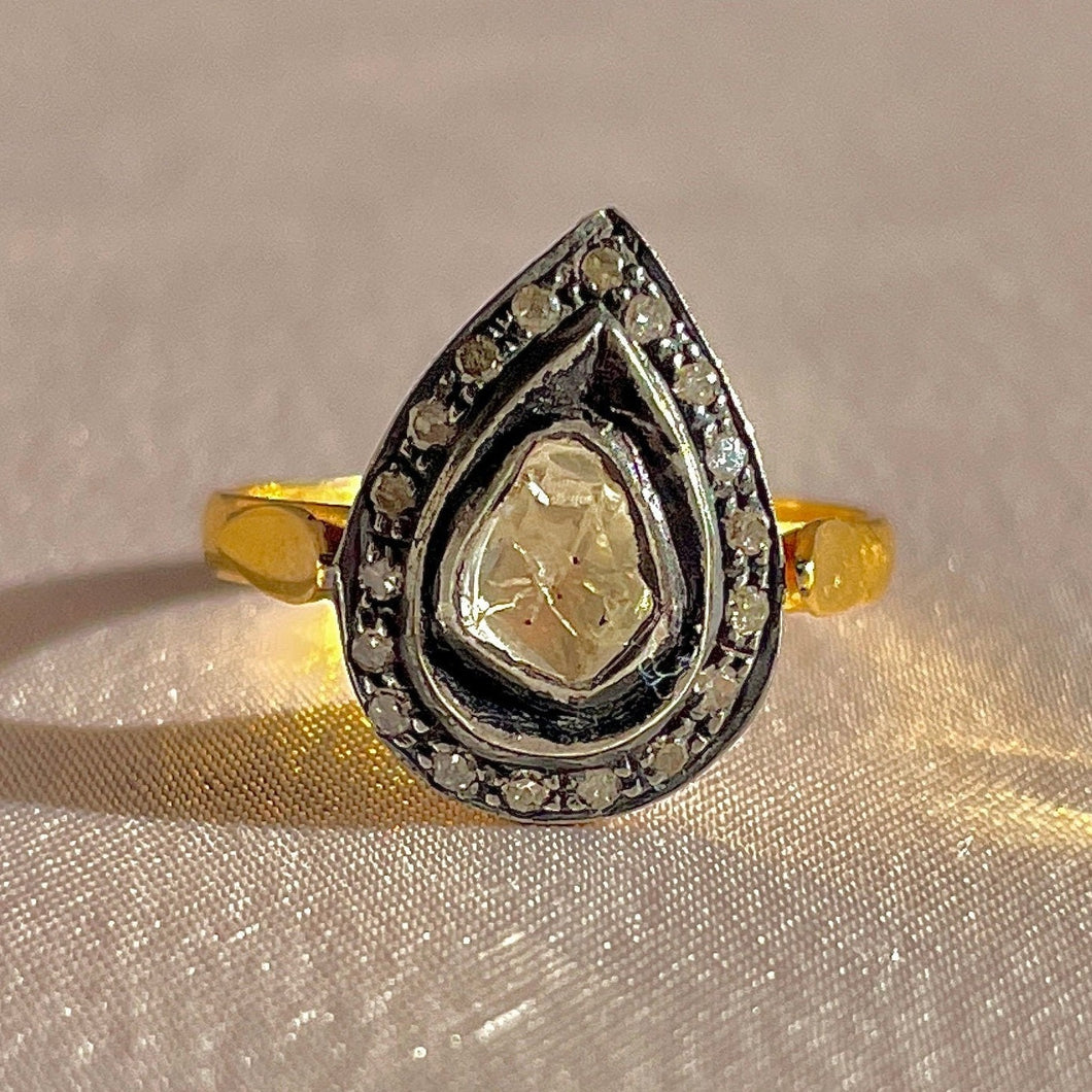 Antique 18k Polki Diamond Silver Pear Ring