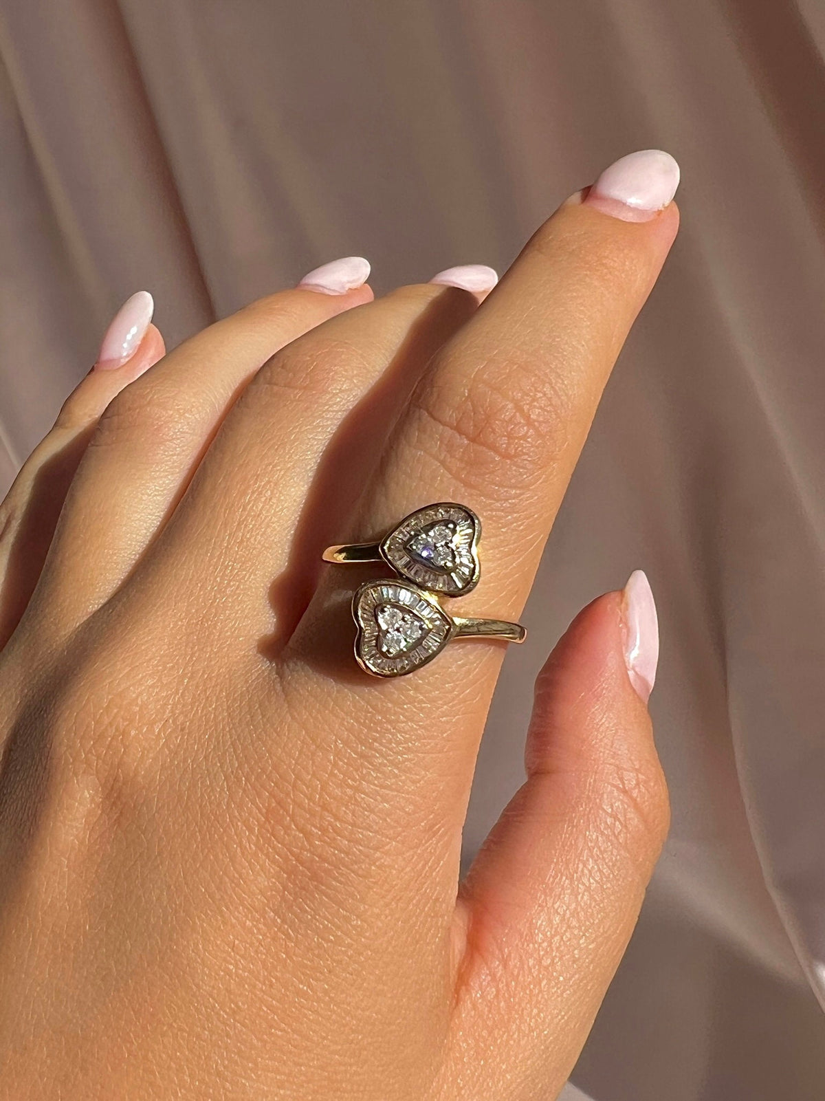 Vintage 14k Diamond Heart Halo Baguette Bypass Ring
