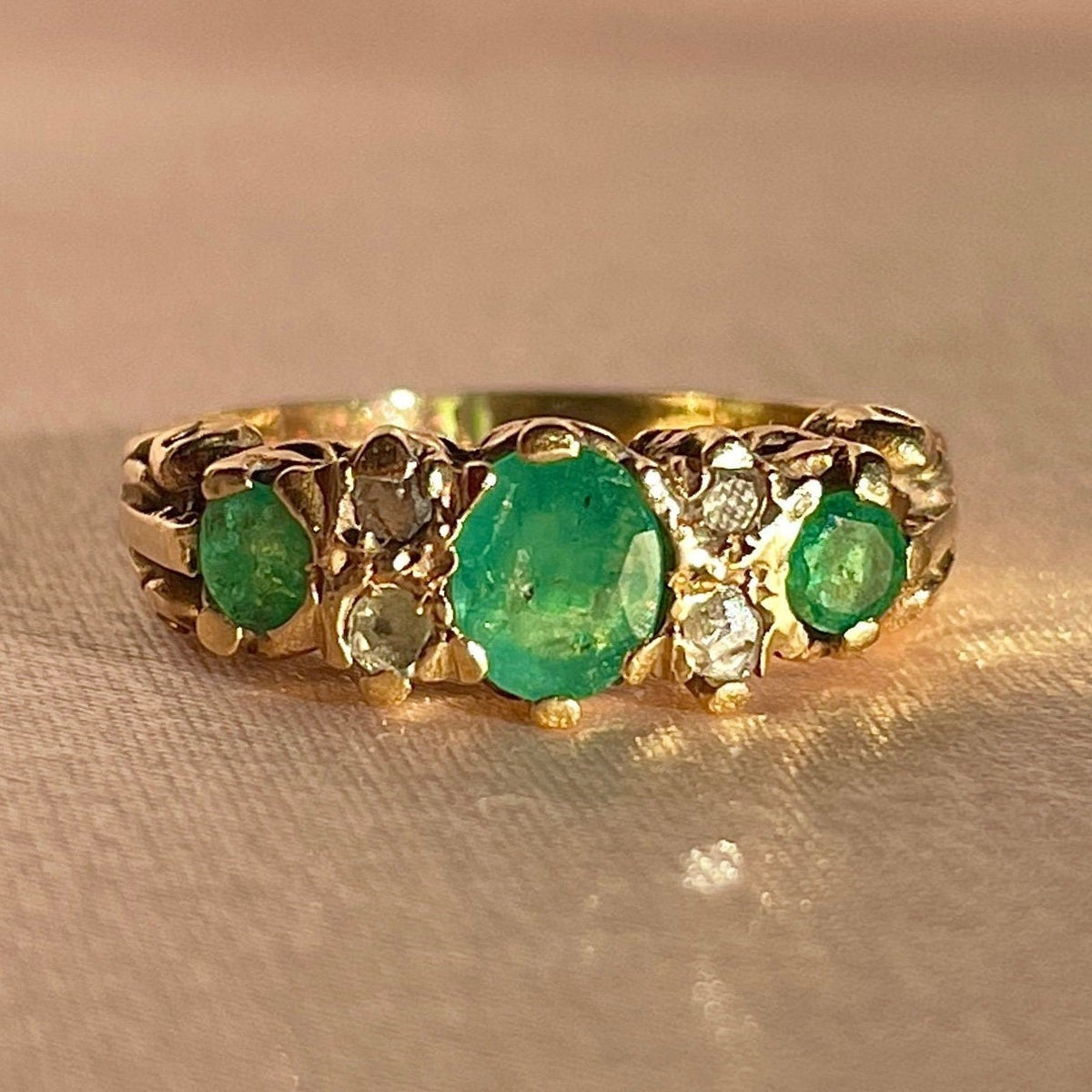 Antique 12k Emerald Diamond Boat Ring