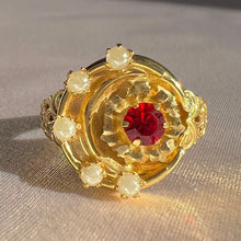 Load image into Gallery viewer, Vintage 12k Synth Ruby Pearl Crescent Ring
