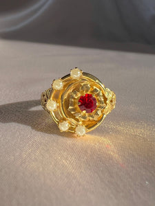 Vintage 12k Synth Ruby Pearl Crescent Ring