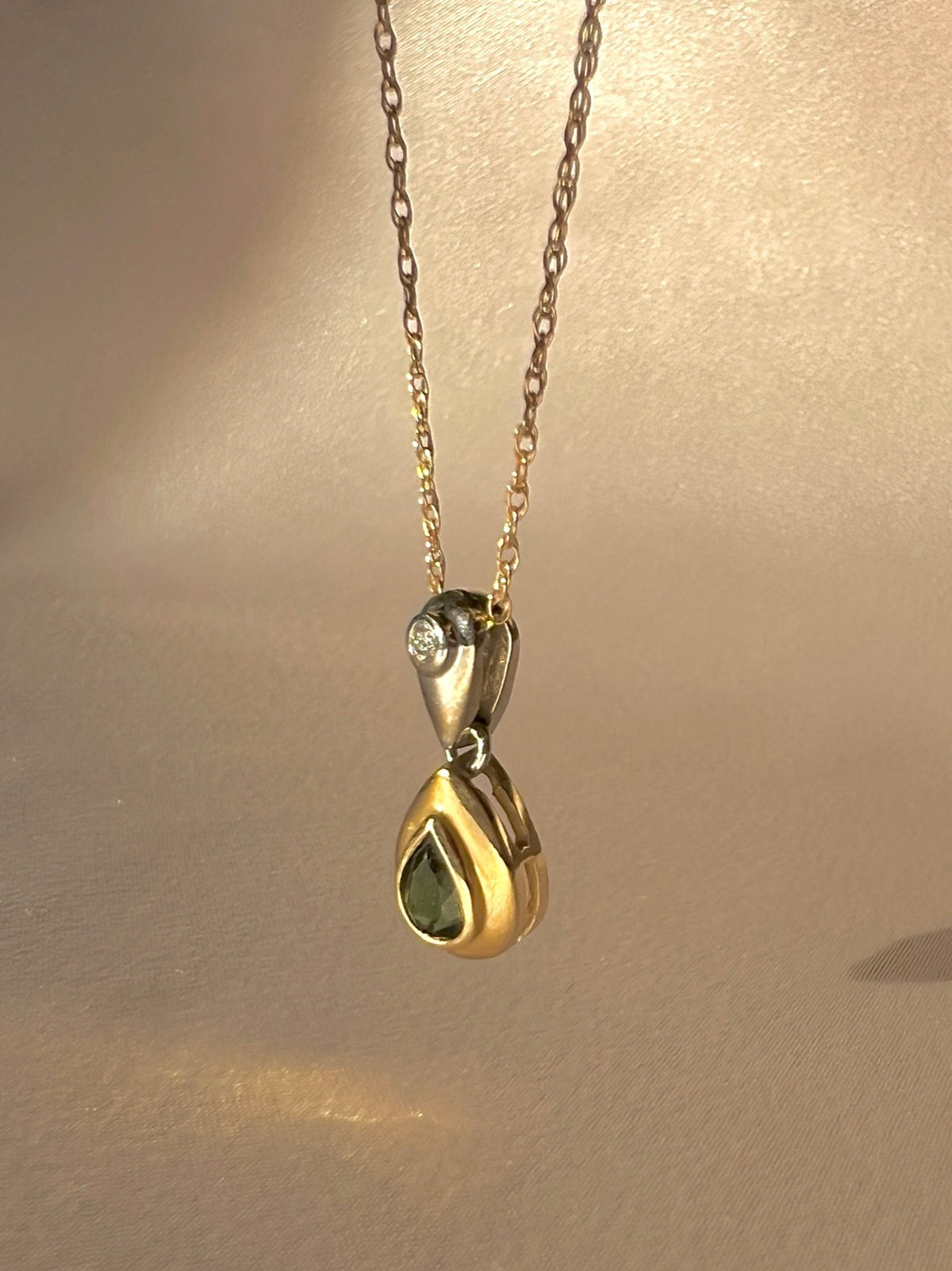 Vintage 14k White Yellow Gold Diamond Tourmaline Drop Necklace