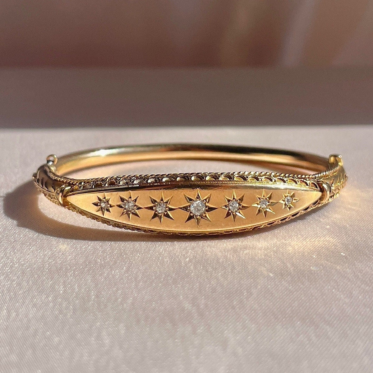 Antique 15k Rose Gold Diamond Starburst Bangle