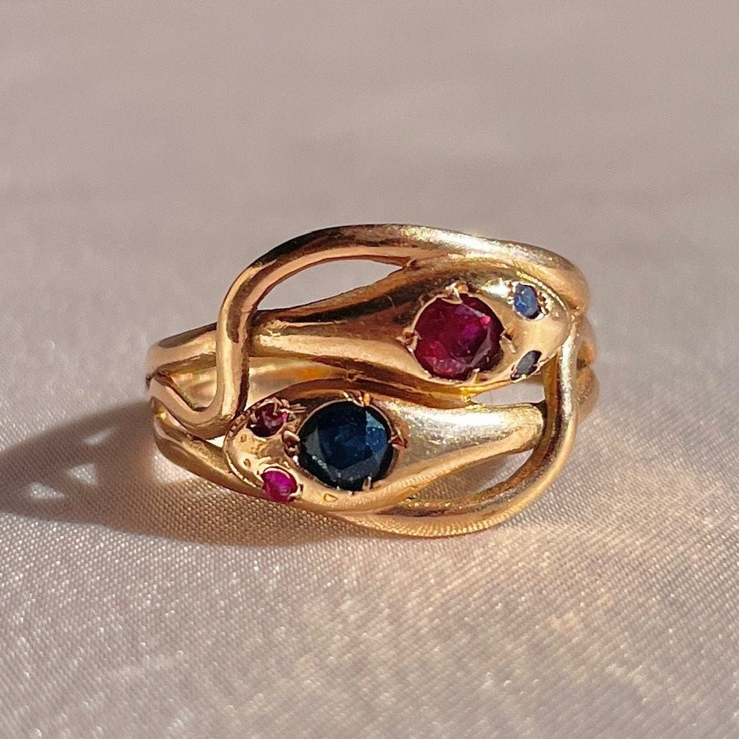 Antique 14k Rose Gold Sapphire Ruby Snake Coil Ring