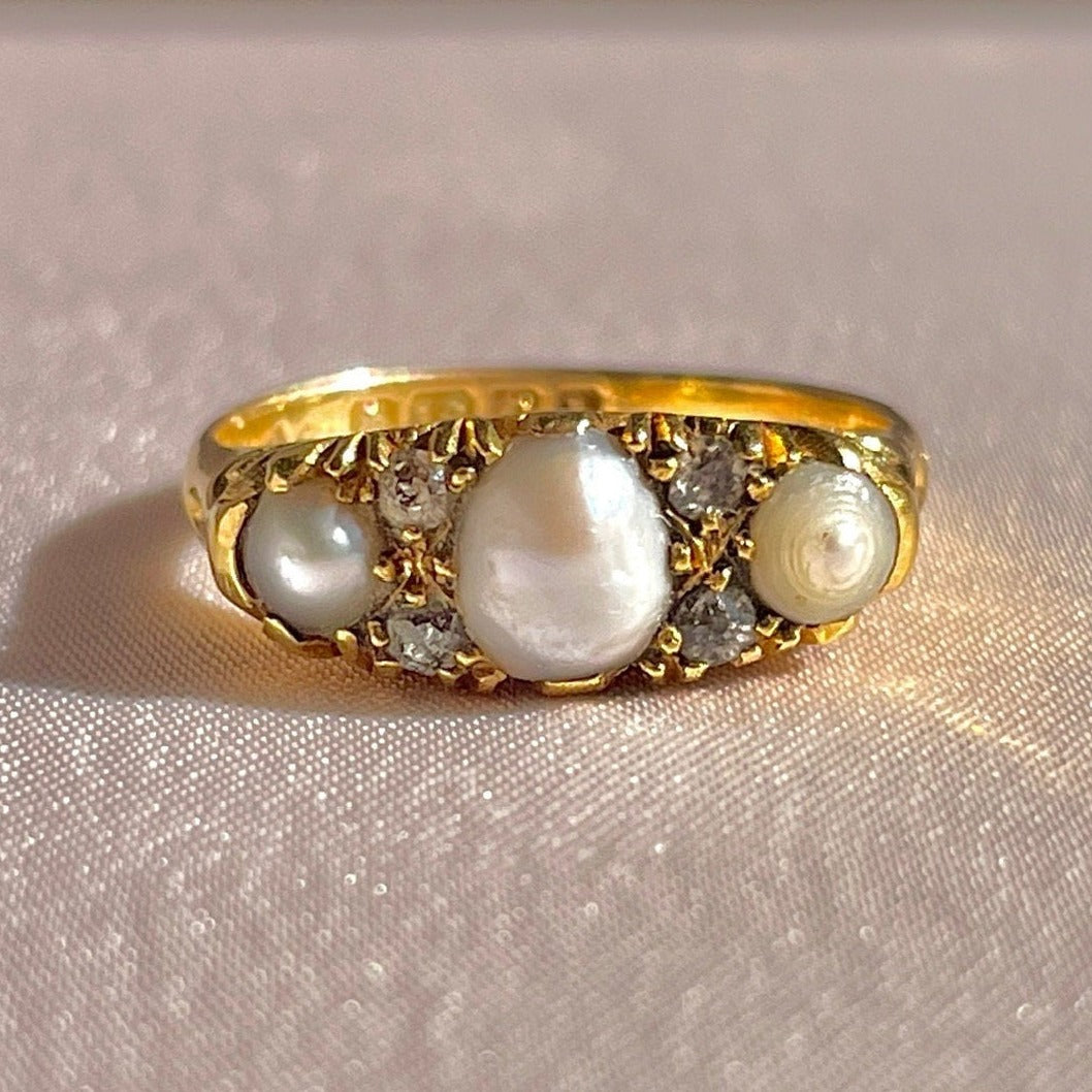 Antique 18k Pearl Diamond Boat Ring 1910