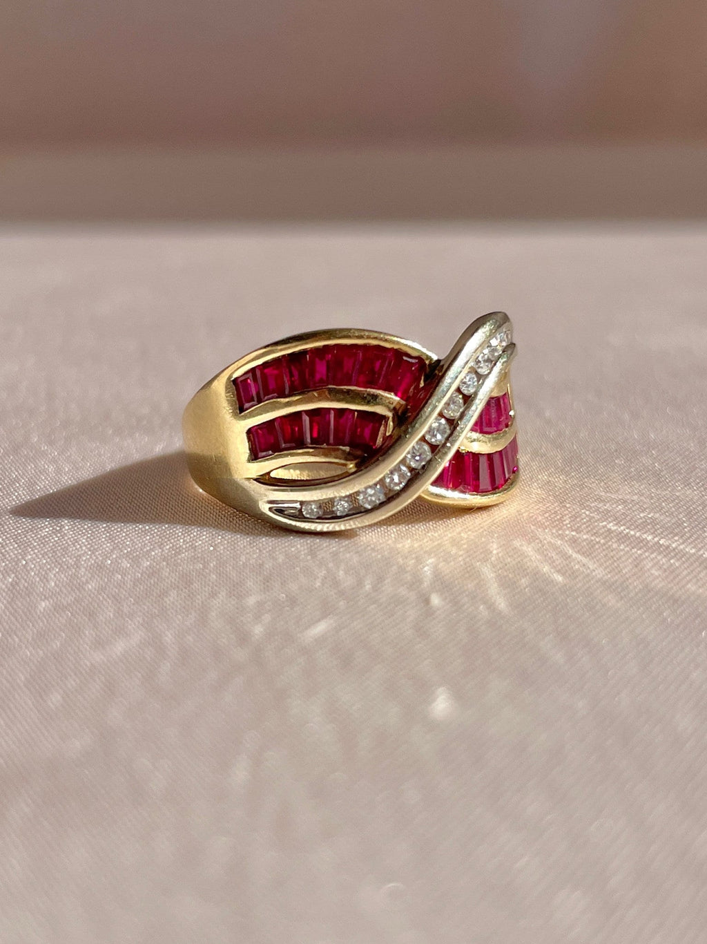 Vintage 14k Diamond Ruby Baguette Wave Ring