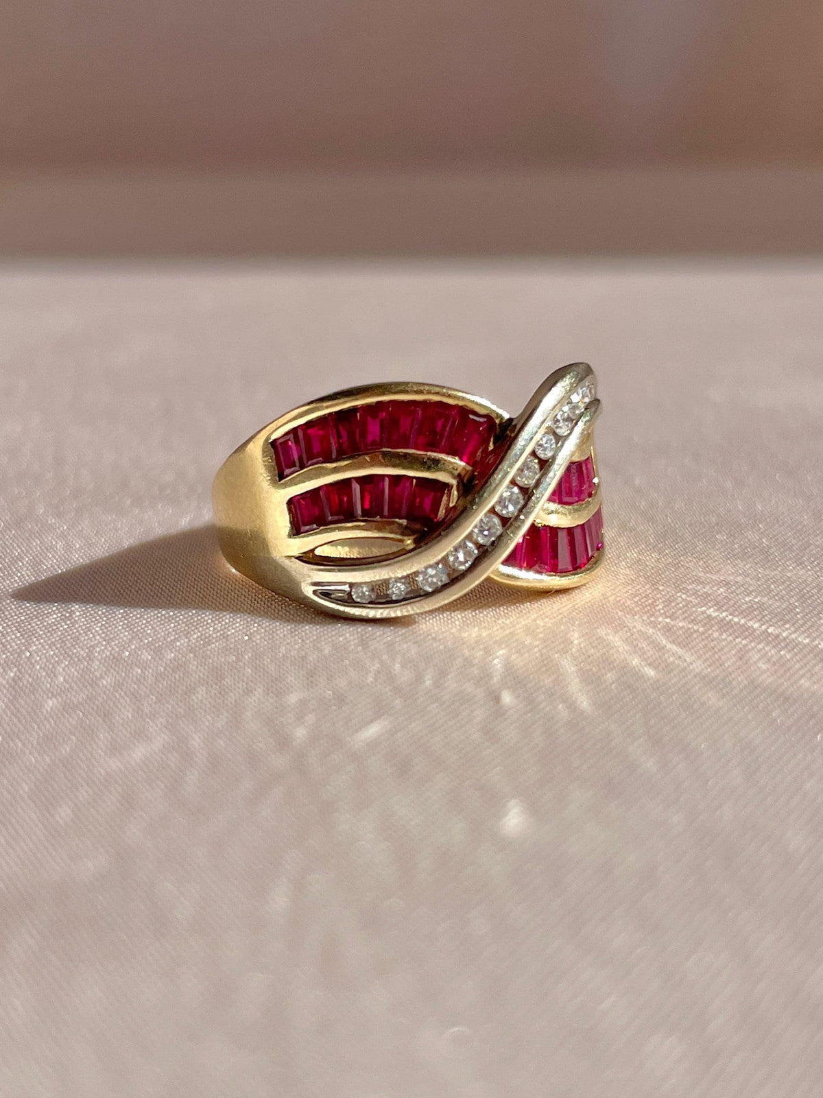 Vintage 14k Diamond Ruby Baguette Wave Ring