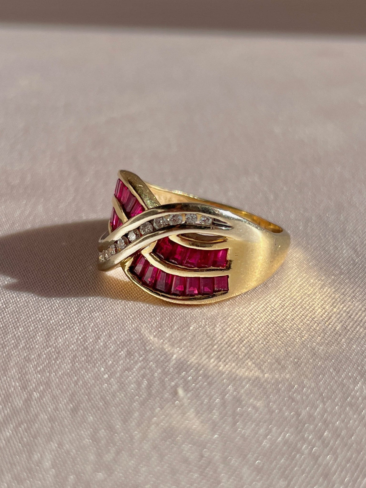 Vintage 14k Diamond Ruby Baguette Wave Ring