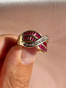 Vintage 14k Diamond Ruby Baguette Wave Ring