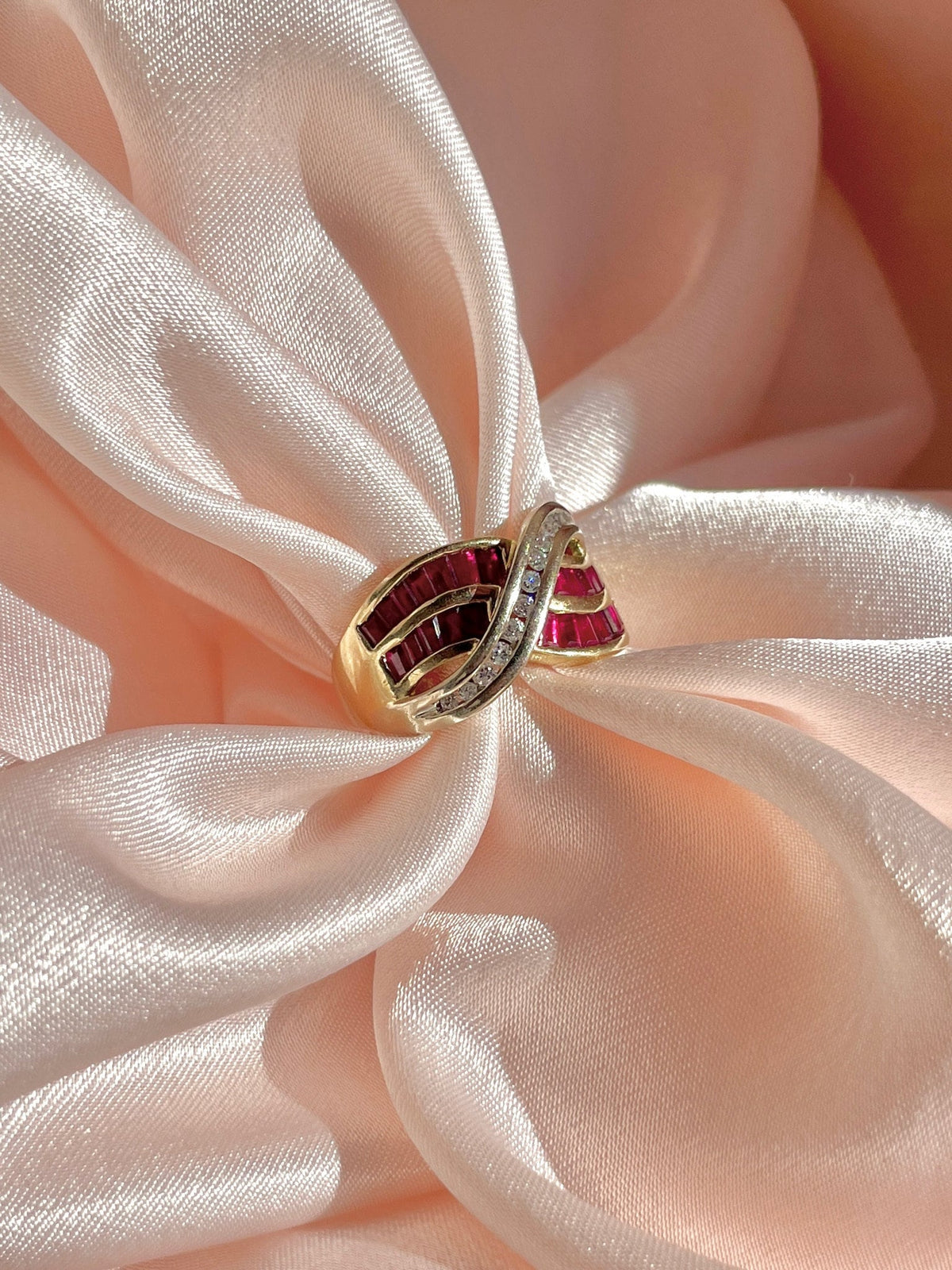 Vintage 14k Diamond Ruby Baguette Wave Ring