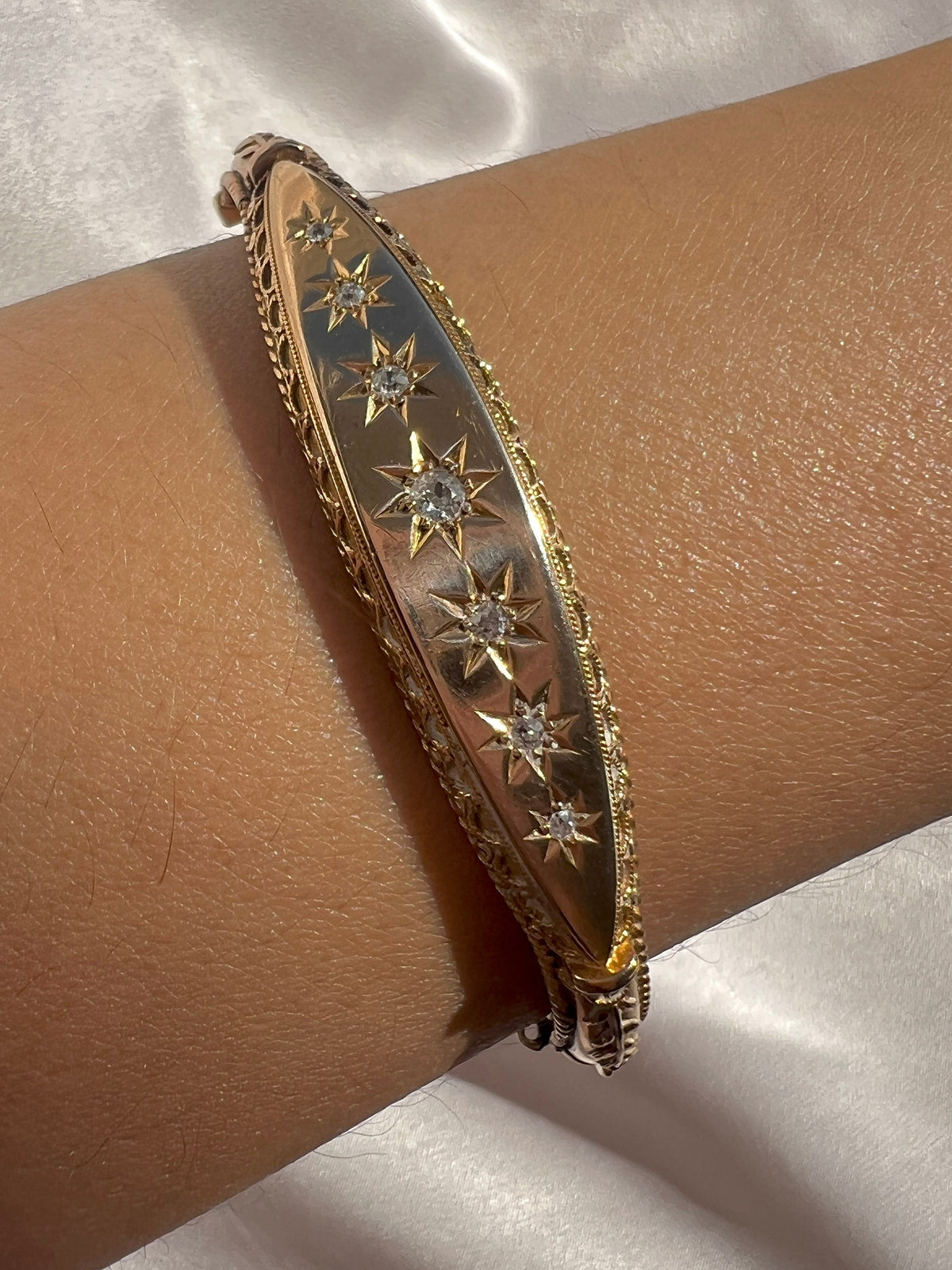 Antique 15k Rose Gold Diamond Starburst Bangle