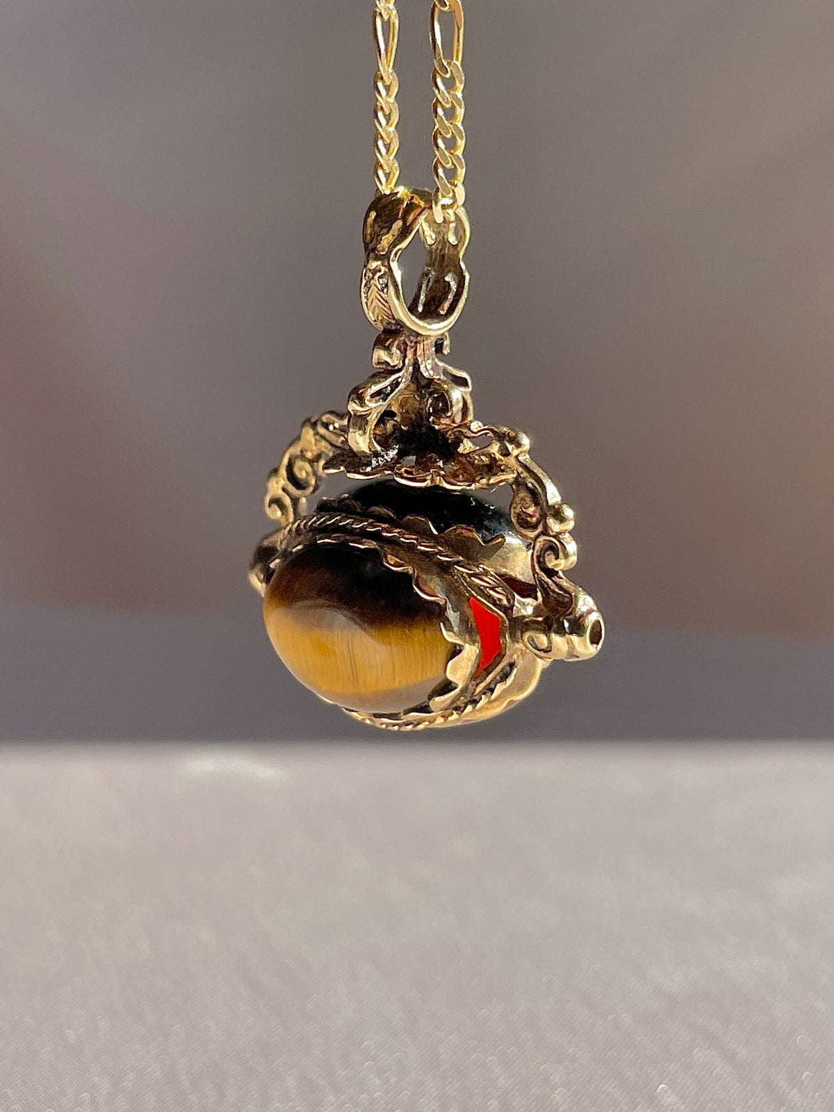 Vintage Trio Tigers Eye Onyx Chalcedony Swivel Fob Pendant