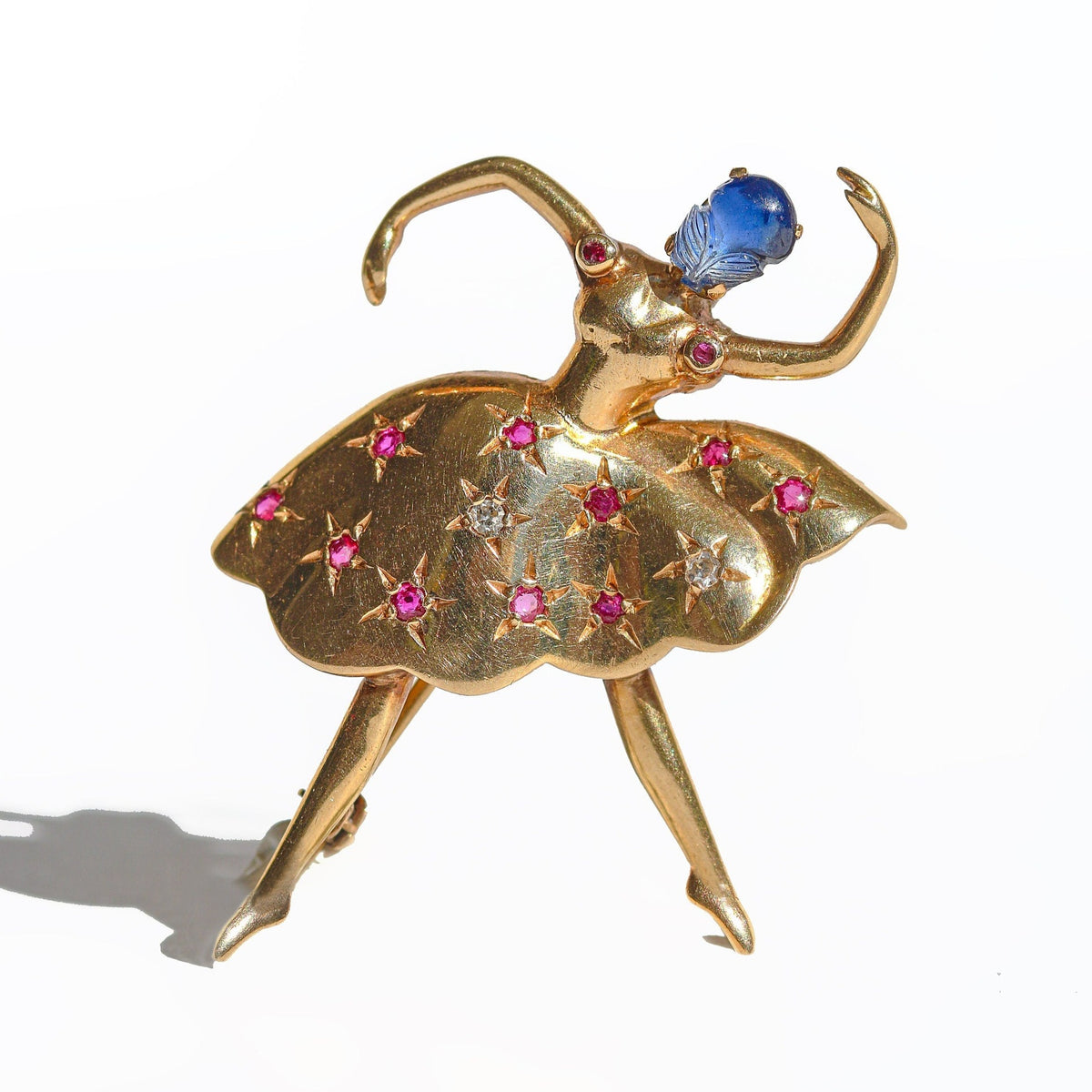 Vintage 14k Ruby Sapphire Diamond Ballerina Starburst Brooch