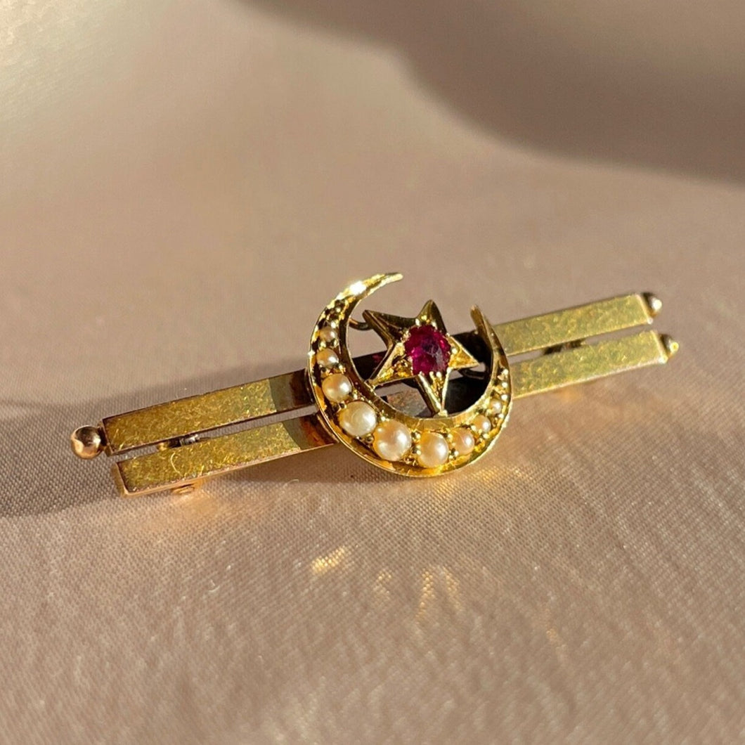 Antique 15k Ruby Pearl Crescent Star Brooch 1800s