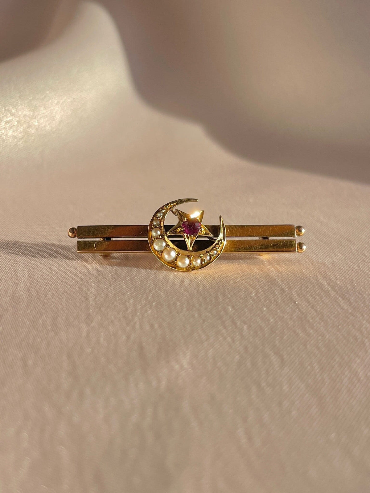 Antique 15k Ruby Pearl Crescent Star Brooch 1800s