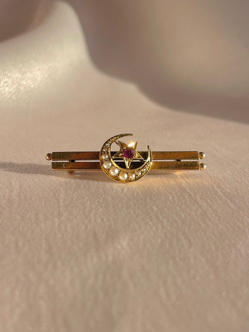 Antique 15k Ruby Pearl Crescent Star Brooch 1800s