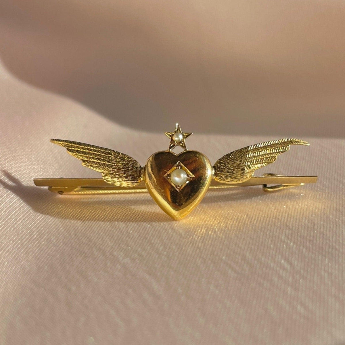 Antique 15k Pearl Star Heart Wing Brooch