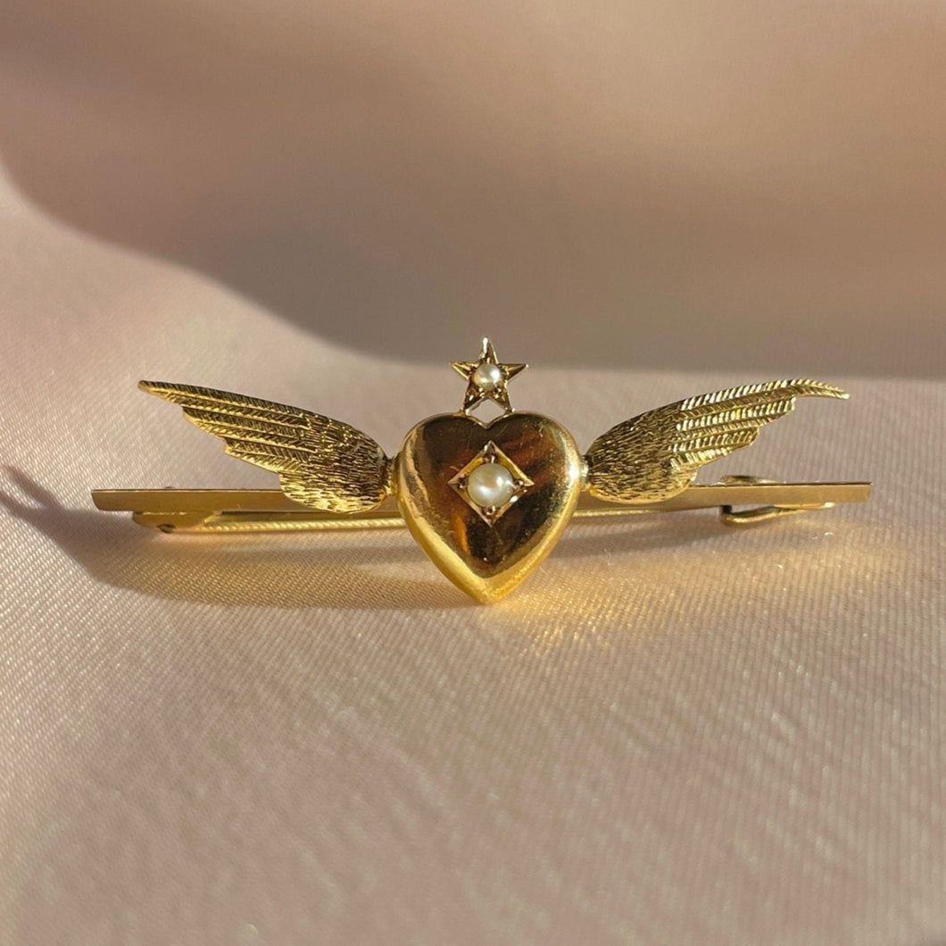 Antique 15k Pearl Star Heart Wing Brooch