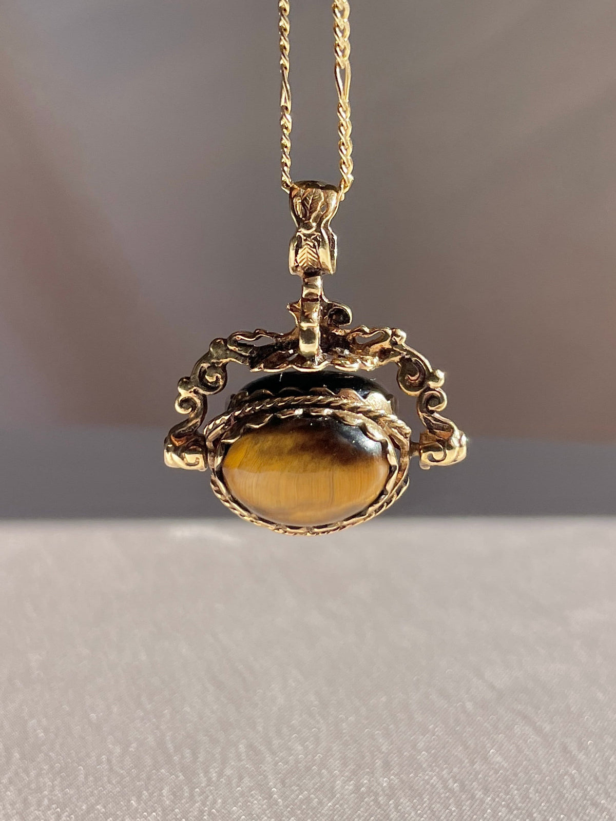 Vintage Trio Tigers Eye Onyx Chalcedony Swivel Fob Pendant