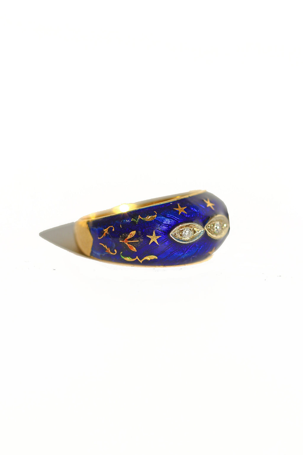 Vintage 18k Diamond Enamel Starry Bombe Ring