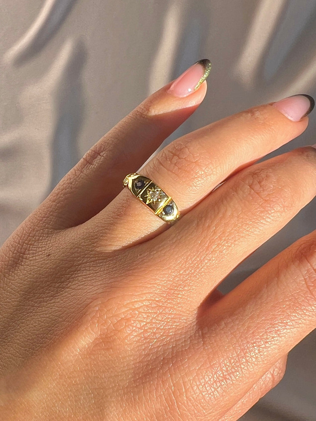 Antique 18k Diamond Sapphire Starburst Edwardian Ring 1906