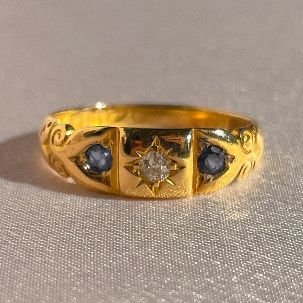 Antique 18k Diamond Sapphire Starburst Edwardian Ring 1906