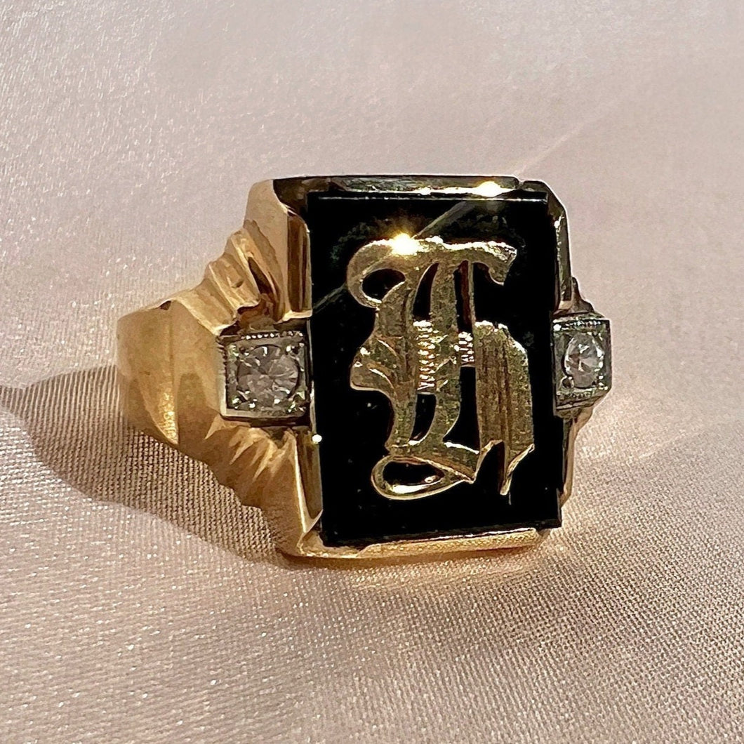 Vintage Onyx Diamond Initial Ring G or H