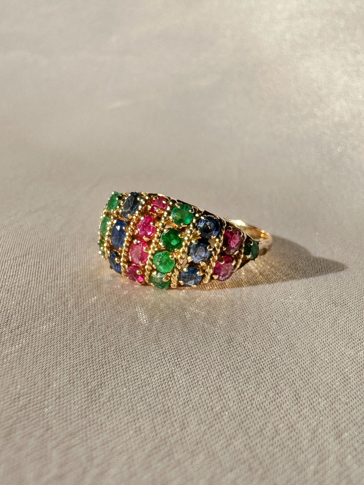 Vintage Emerald Sapphire Ruby Bombe Ring