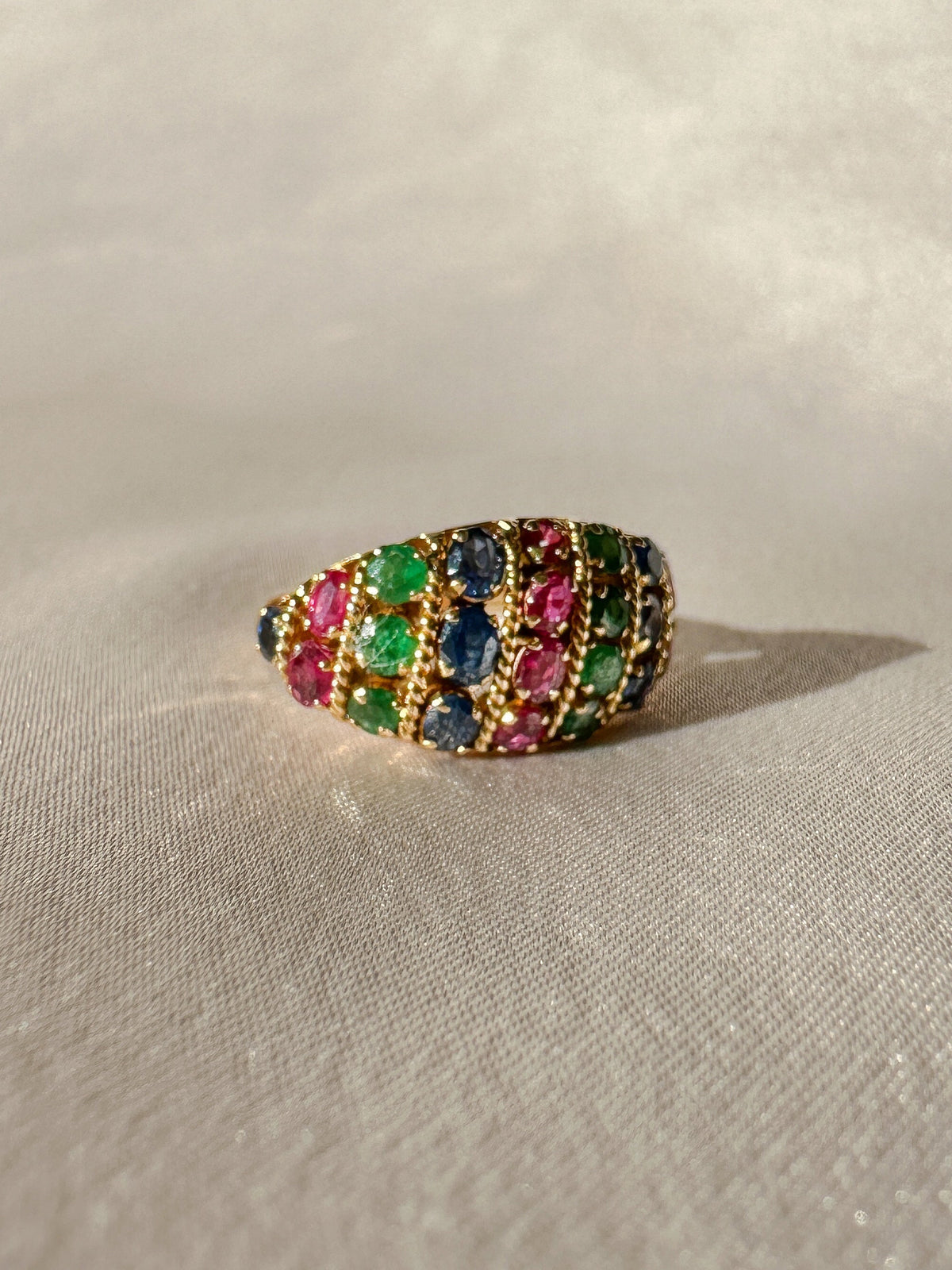 Vintage Emerald Sapphire Ruby Bombe Ring
