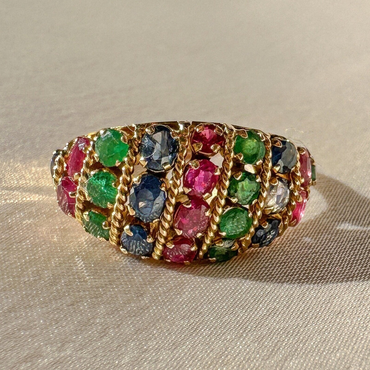 Vintage Emerald Sapphire Ruby Bombe Ring