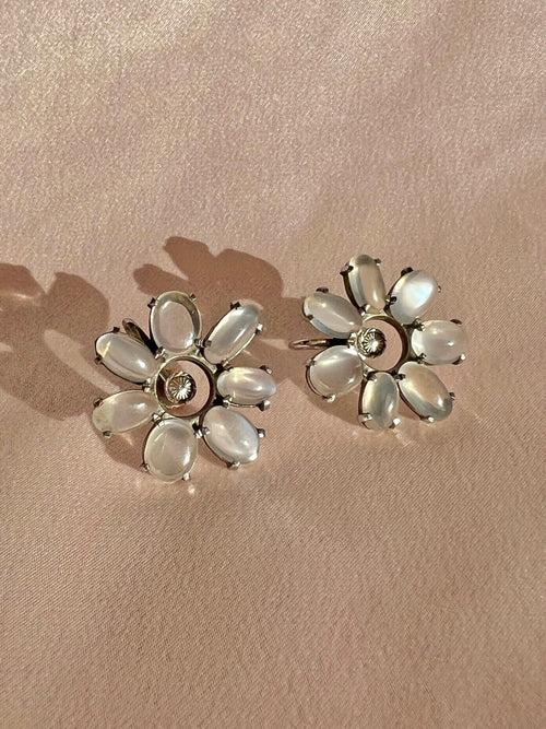 Vintage White Gold Moonstone Floral Earrings