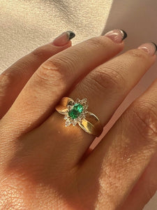 Vintage Emerald Diamond Navette Halo Ring