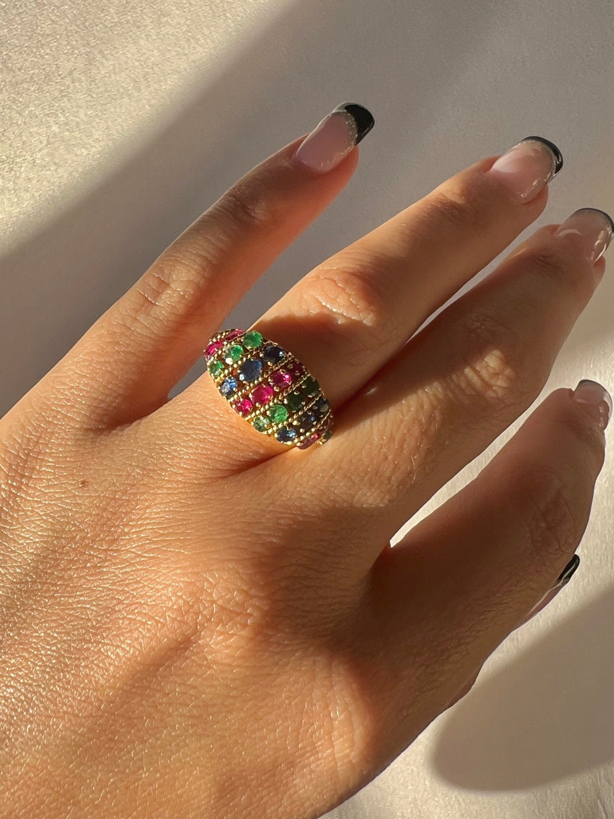 Vintage Emerald Sapphire Ruby Bombe Ring