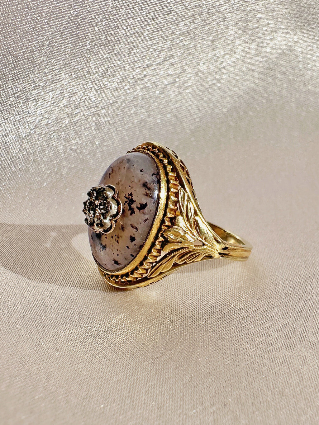 Antique Diamond Moss Agate Flower Cabochon Ring