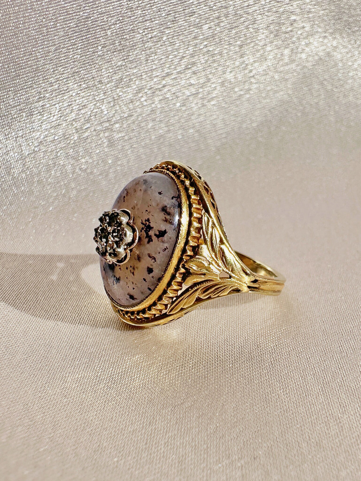 Antique Diamond Moss Agate Flower Cabochon Ring