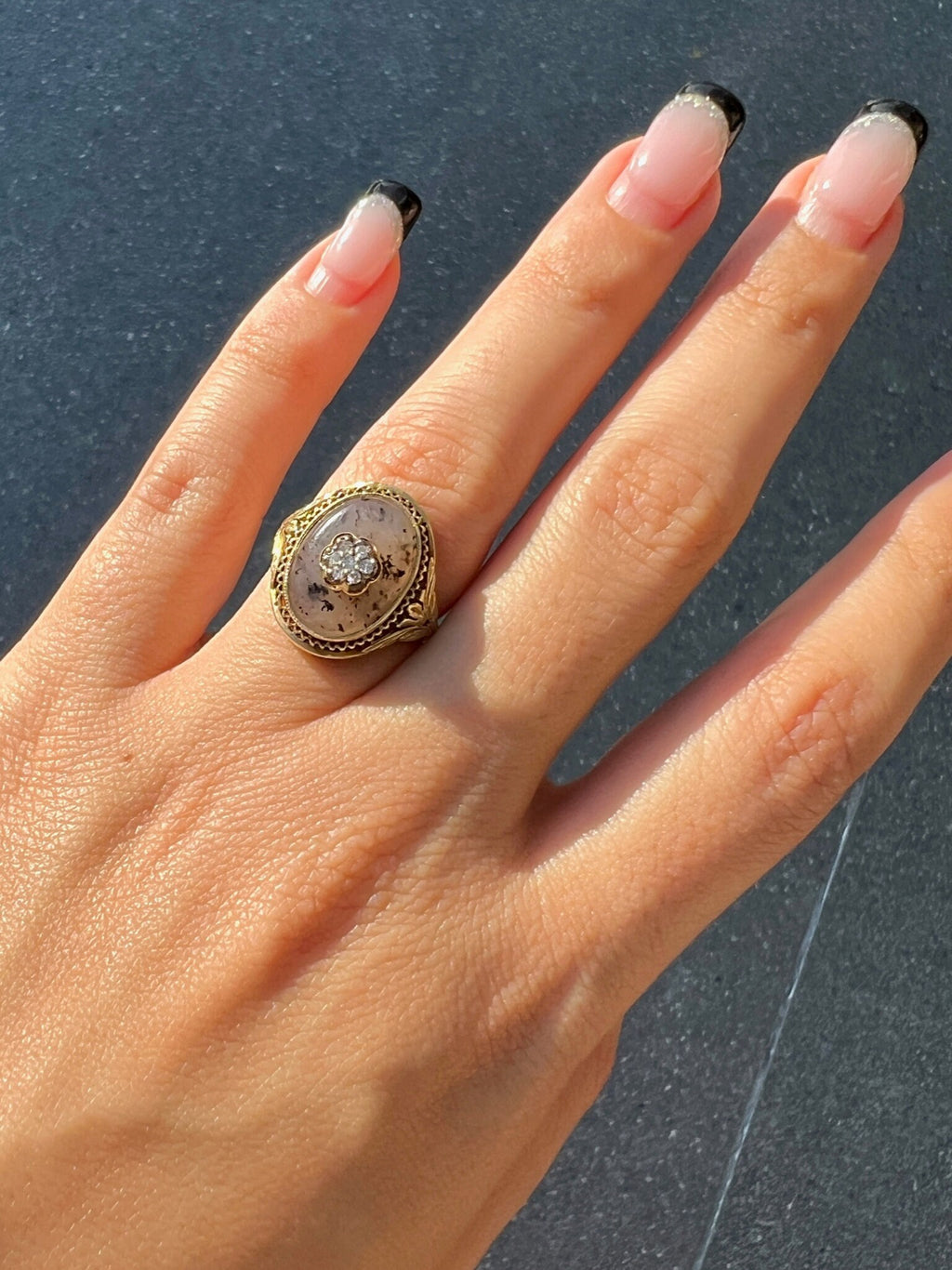 Antique Diamond Moss Agate Flower Cabochon Ring