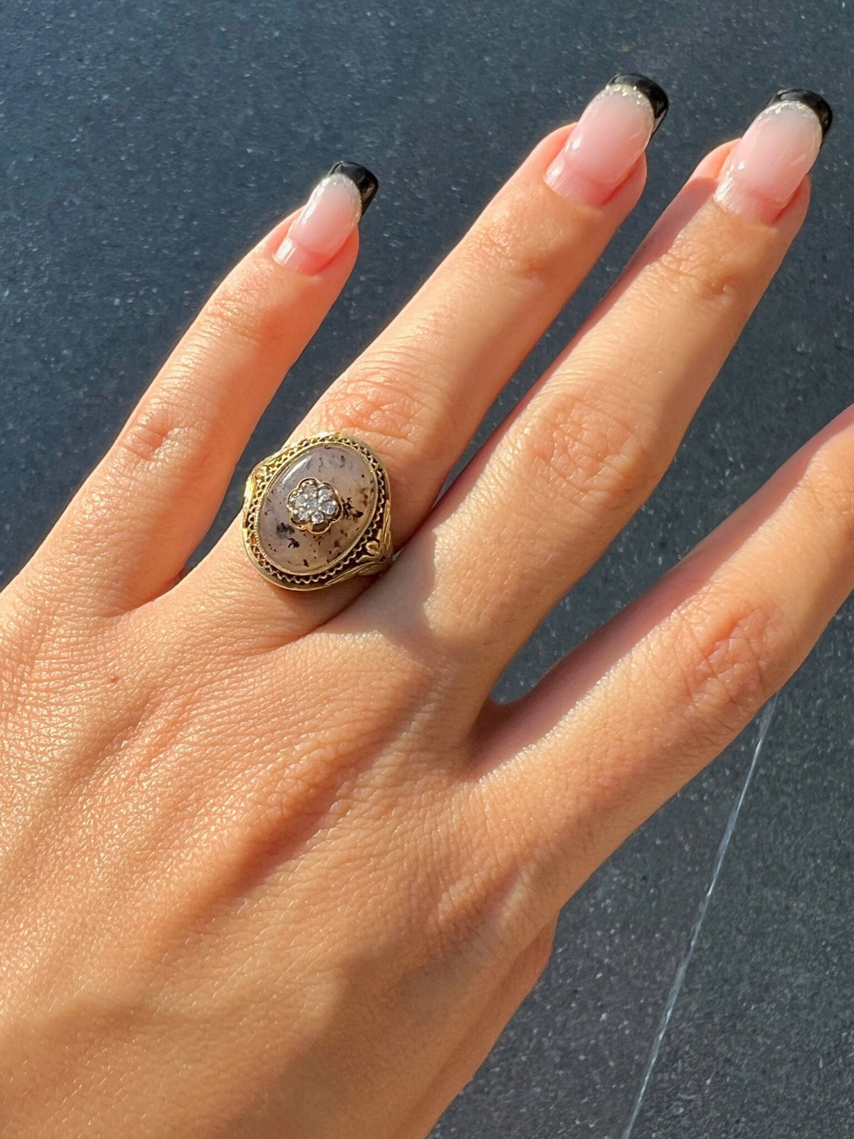 Antique Diamond Moss Agate Flower Cabochon Ring