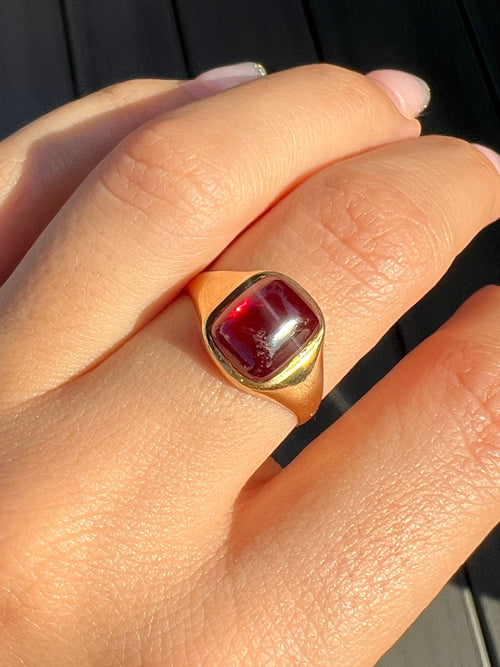 Antique Synth Ruby Cabochon Signet Ring