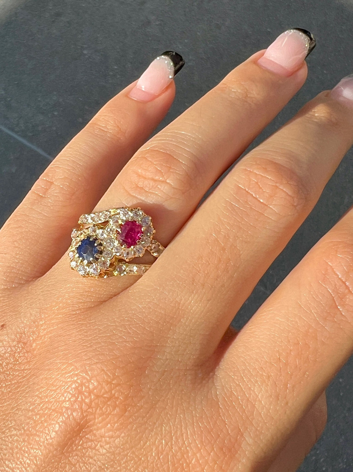 Antique Ruby Sapphire Diamond Toi et Moi Ring
