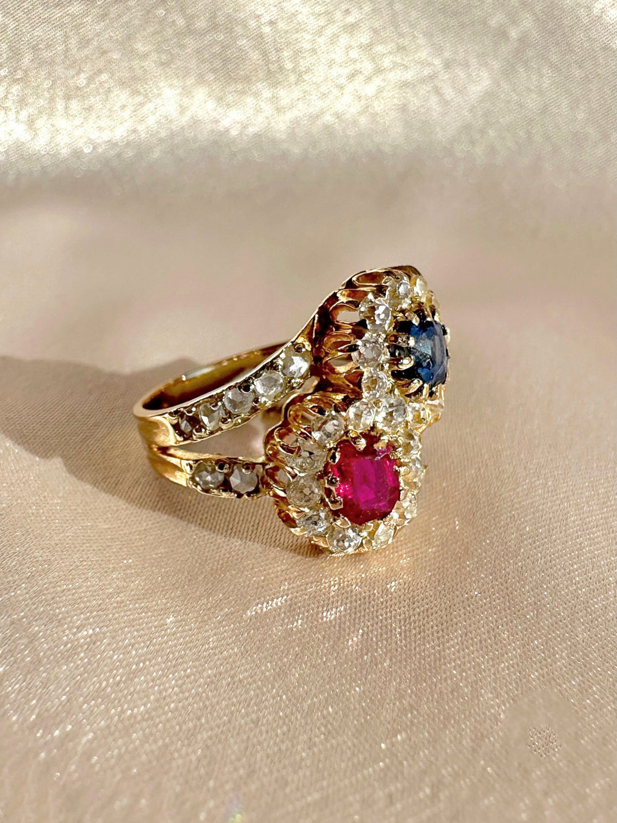 Antique Ruby Sapphire Diamond Toi et Moi Ring