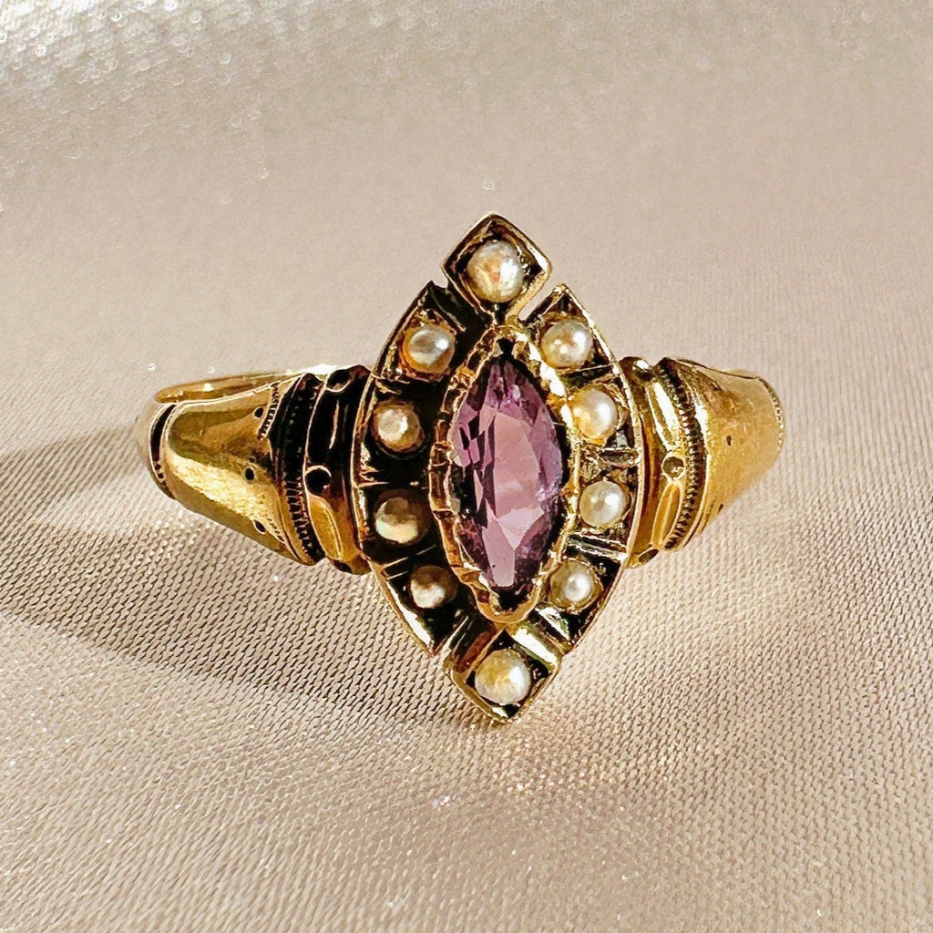 Antique Amethyst Pearl Navette Ring